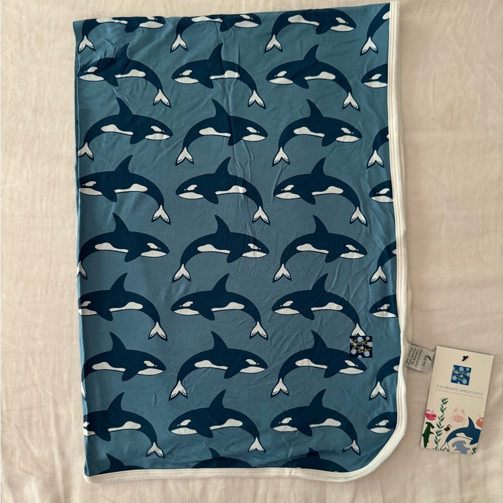 Kickee Pants swaddling blanket in blue moon orca (OG)